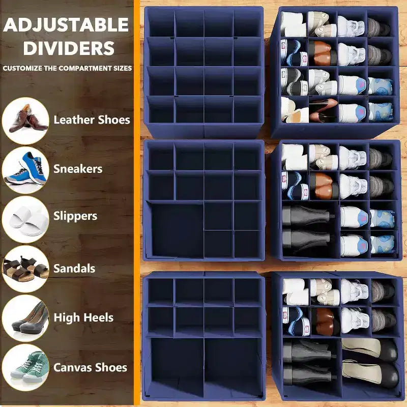 Lot de 2 boîtes de rangement à chaussures pour placard, bacs de rangement à chaussures pliables avec séparateurs réglables