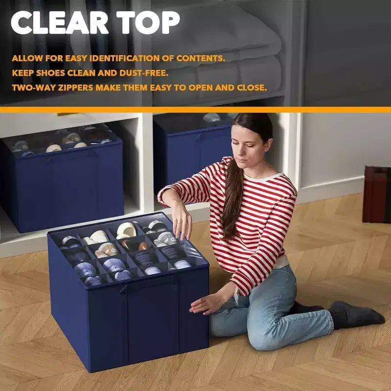 Lot de 2 boîtes de rangement à chaussures pour placard, bacs de rangement à chaussures pliables avec séparateurs réglables