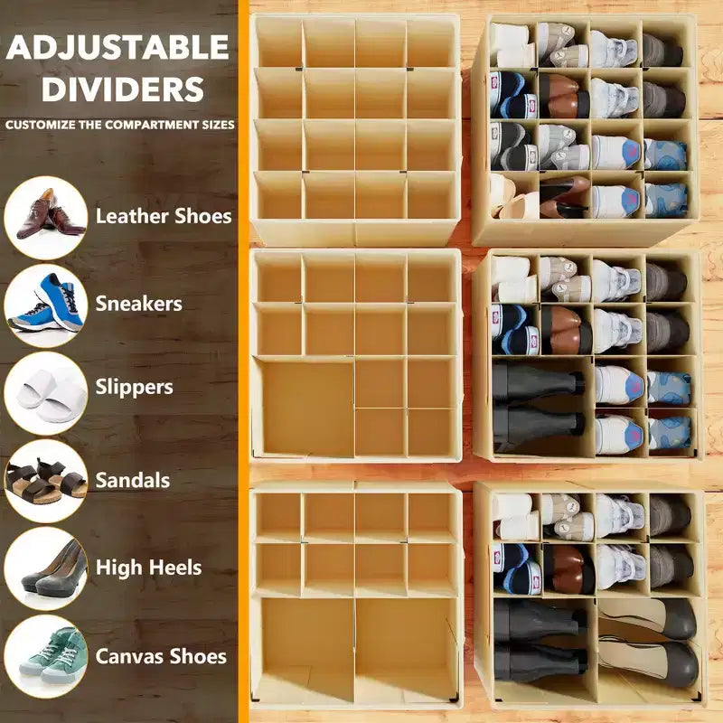 Lot de 2 boîtes de rangement à chaussures pour placard, bacs de rangement à chaussures pliables avec séparateurs réglables