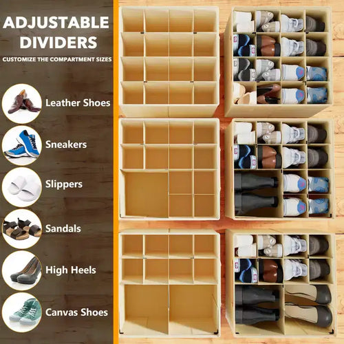 Lot de 2 boîtes de rangement à chaussures pour placard, bacs de rangement à chaussures pliables avec séparateurs réglables