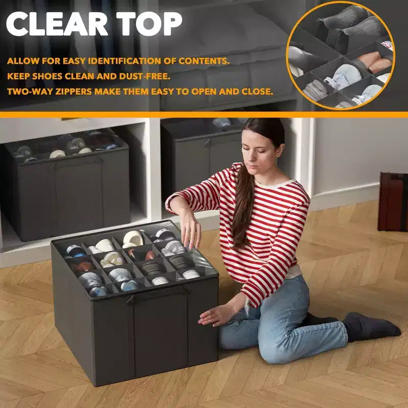 Lot de 2 boîtes de rangement à chaussures pour placard, bacs de rangement à chaussures pliables avec séparateurs réglables