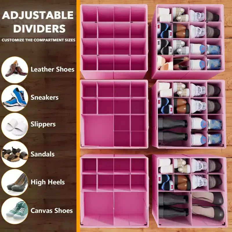Lot de 2 boîtes de rangement à chaussures pour placard, bacs de rangement à chaussures pliables avec séparateurs réglables