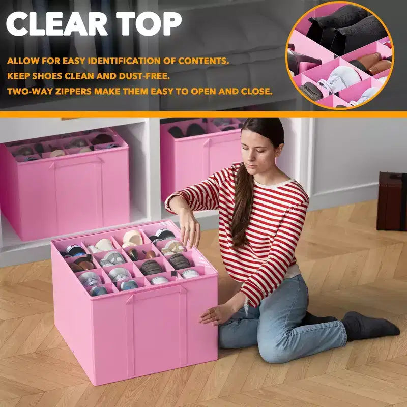 Lot de 2 boîtes de rangement à chaussures pour placard, bacs de rangement à chaussures pliables avec séparateurs réglables