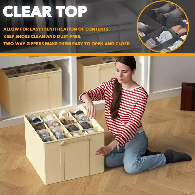 Lot de 2 boîtes de rangement à chaussures pour placard, bacs de rangement à chaussures pliables avec séparateurs réglables