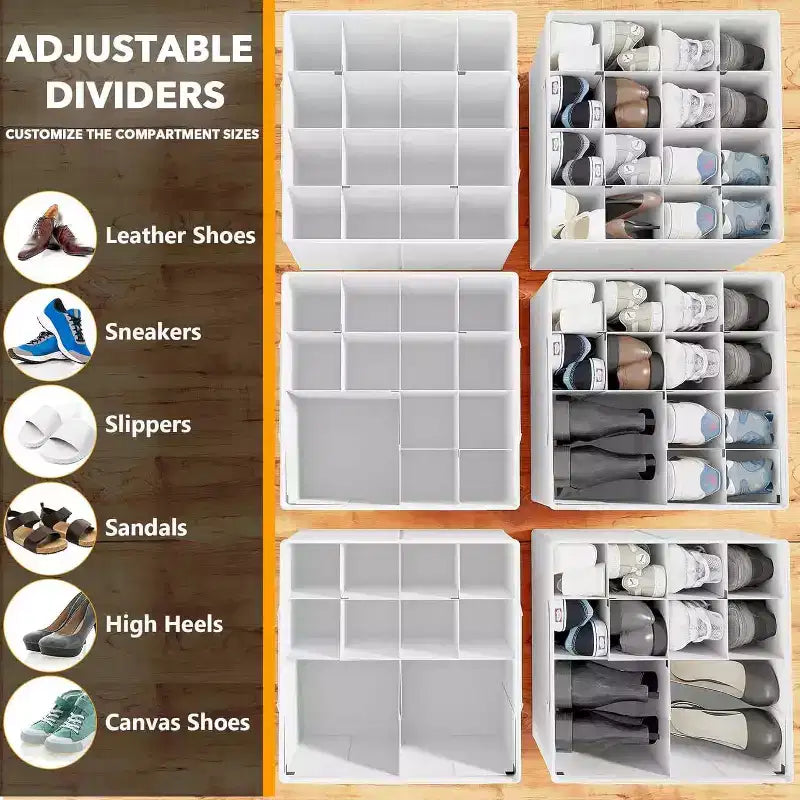 Lot de 2 boîtes de rangement à chaussures pour placard, bacs de rangement à chaussures pliables avec séparateurs réglables