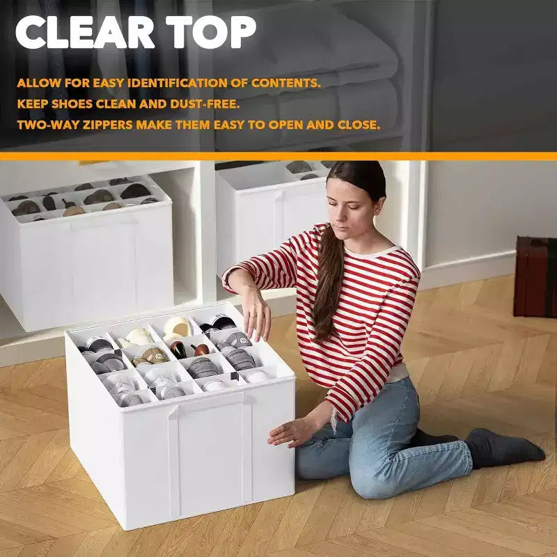 Lot de 2 boîtes de rangement à chaussures pour placard, bacs de rangement à chaussures pliables avec séparateurs réglables