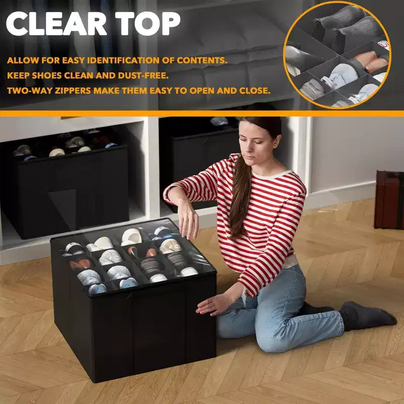 Lot de 2 boîtes de rangement à chaussures pour placard, bacs de rangement à chaussures pliables avec séparateurs réglables