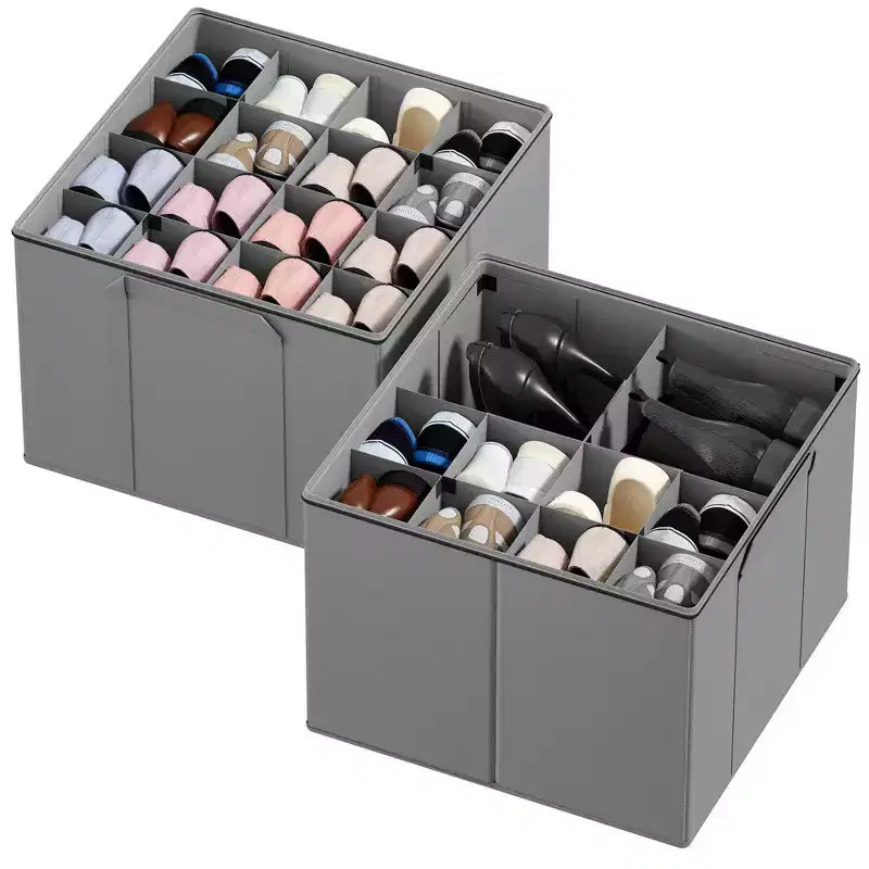 Lot de 2 boîtes de rangement à chaussures pour placard, bacs de rangement à chaussures pliables avec séparateurs réglables