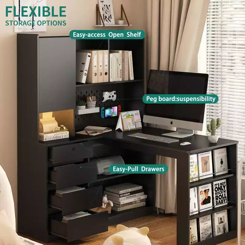 Bureau d'angle en forme de L, bureau d'ordinateur avec tiroirs, avec lumière LED, bureau d'angle moderne, bureau d'ordinateur de jeu d'angle avec rangement