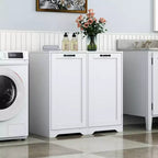 Meuble de buanderie autoportant blanc de 30,3 po - Panneau de particules+MDF, panier à linge inclinable et étagère réglable