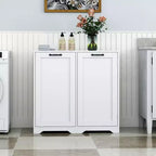 Meuble de buanderie autoportant blanc de 30,3 po - Panneau de particules+MDF, panier à linge inclinable et étagère réglable