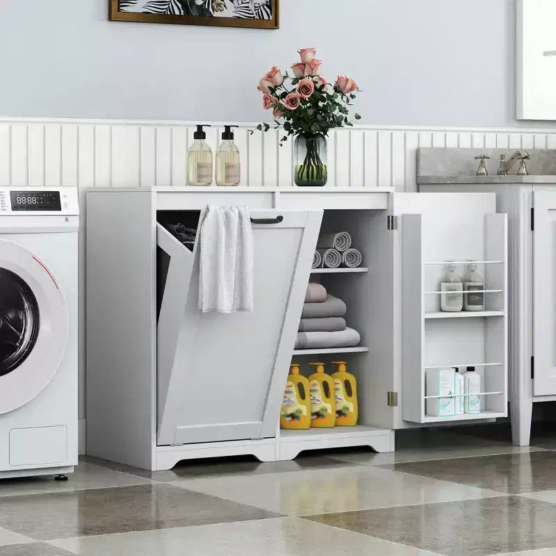 Meuble de buanderie autoportant blanc de 30,3 po - Panneau de particules+MDF, panier à linge inclinable et étagère réglable
