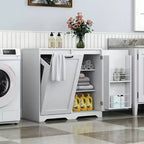 Meuble de buanderie autoportant blanc de 30,3 po - Panneau de particules+MDF, panier à linge inclinable et étagère réglable