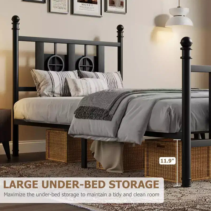 Cadre de lit avec tête de lit et pied de lit, cadre de lit double en métal avec espace de rangement sous le lit, sommier tapissier non requis, assemblage facile, sans bruit