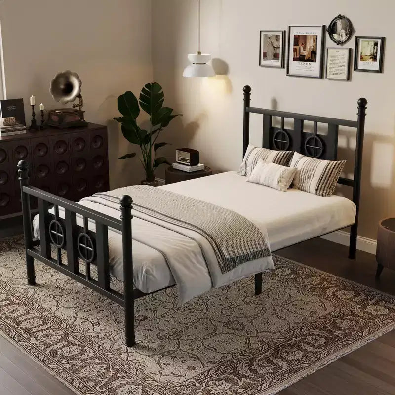 Cadre de lit avec tête de lit et pied de lit, cadre de lit double en métal avec espace de rangement sous le lit, sommier tapissier non requis, assemblage facile, sans bruit