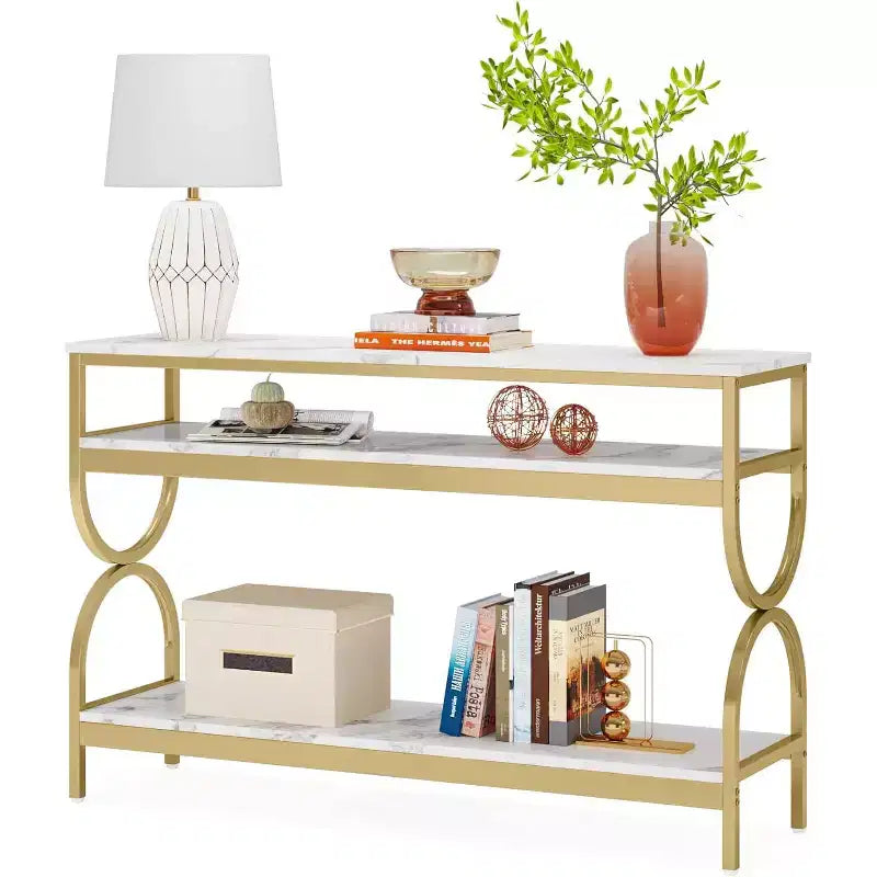 Lantine 55-Inch 3-Tier Console Table, Sofa Table with Open Shelves and Faux Marble Top for Entryway, Hallway, Living Room, White & Gold