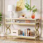 Console 3 niveaux de 55 pouces, table de canapé avec étagères ouvertes et plateau en faux marbre pour entrée, couloir, salon, blanc et or