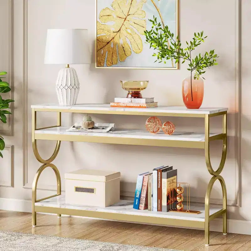 Console 3 niveaux de 55 pouces, table de canapé avec étagères ouvertes et plateau en faux marbre pour entrée, couloir, salon, blanc et or