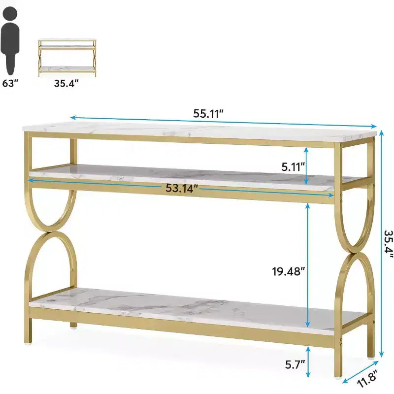 Console 3 niveaux de 55 pouces, table de canapé avec étagères ouvertes et plateau en faux marbre pour entrée, couloir, salon, blanc et or