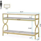 Console 3 niveaux de 55 pouces, table de canapé avec étagères ouvertes et plateau en faux marbre pour entrée, couloir, salon, blanc et or