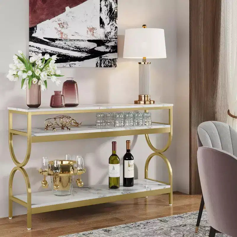 Console 3 niveaux de 55 pouces, table de canapé avec étagères ouvertes et plateau en faux marbre pour entrée, couloir, salon, blanc et or