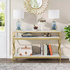 Console 3 niveaux de 55 pouces, table de canapé avec étagères ouvertes et plateau en faux marbre pour entrée, couloir, salon, blanc et or
