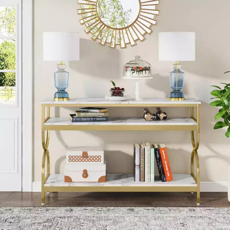 Console 3 niveaux de 55 pouces, table de canapé avec étagères ouvertes et plateau en faux marbre pour entrée, couloir, salon, blanc et or