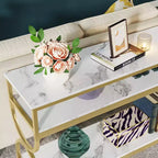 Console 3 niveaux de 55 pouces, table de canapé avec étagères ouvertes et plateau en faux marbre pour entrée, couloir, salon, blanc et or