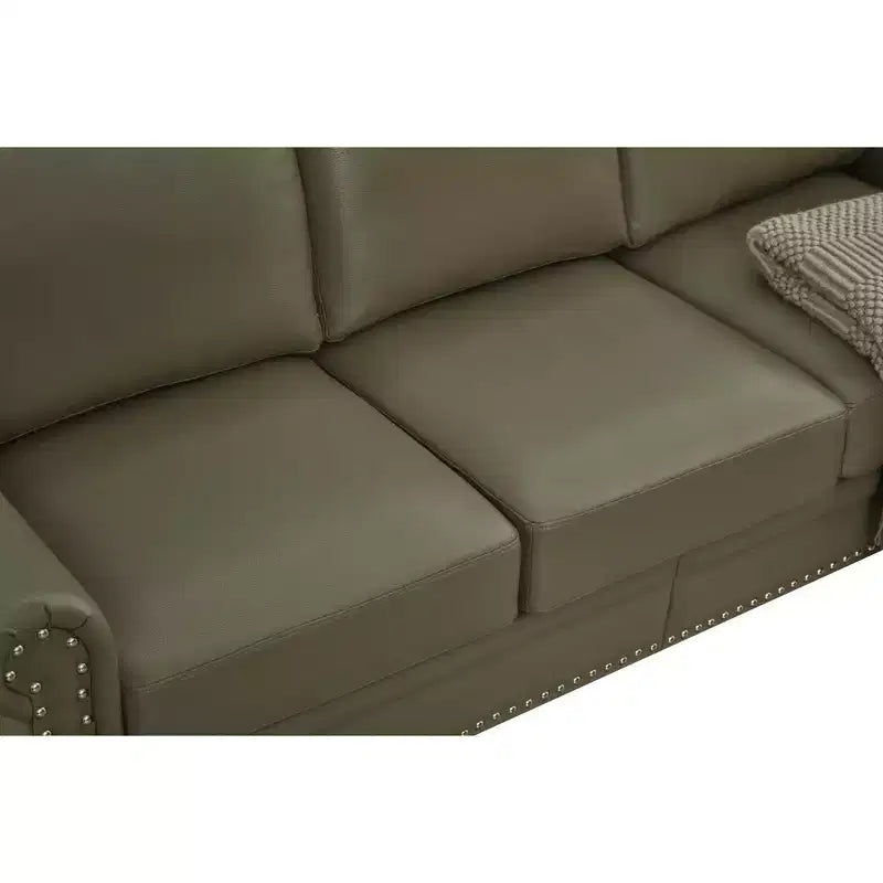 Canapé de rangement en tissu ligné, cadre en bois massif et métal, décor clous argentés pour salon gris