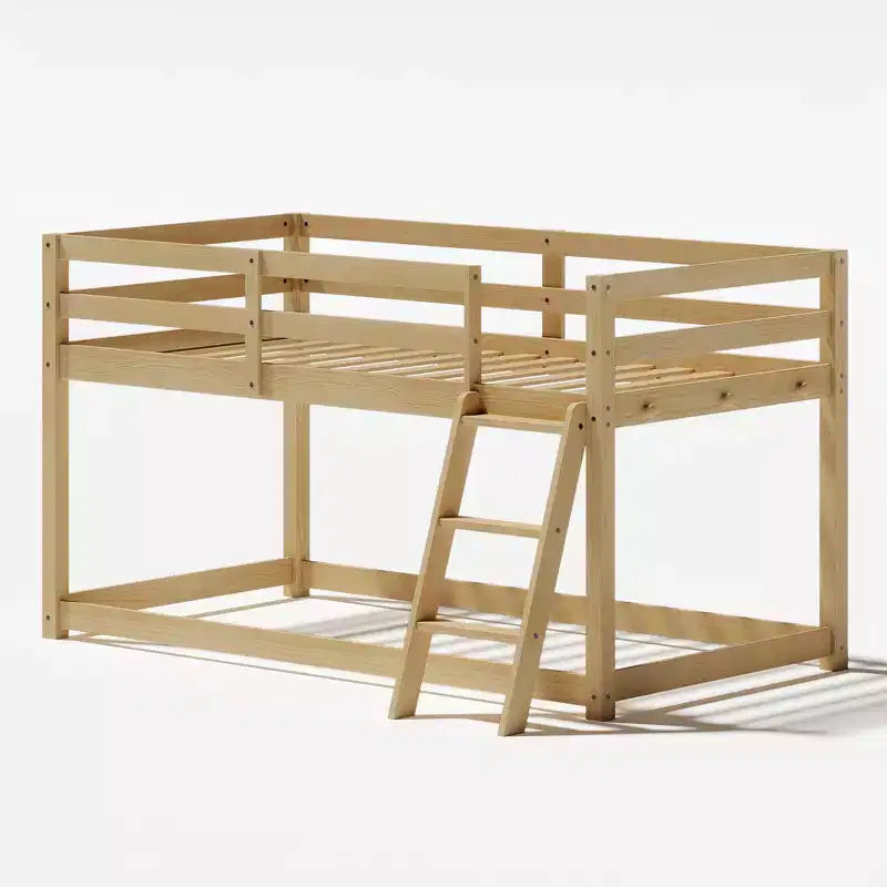 VIYET 76 Kids Twin Low Loft Bed (Convertible to Bunk Bed), Solid Pine Wood Frame w/ LED Strip Lighting & 6 Hooks, Oak