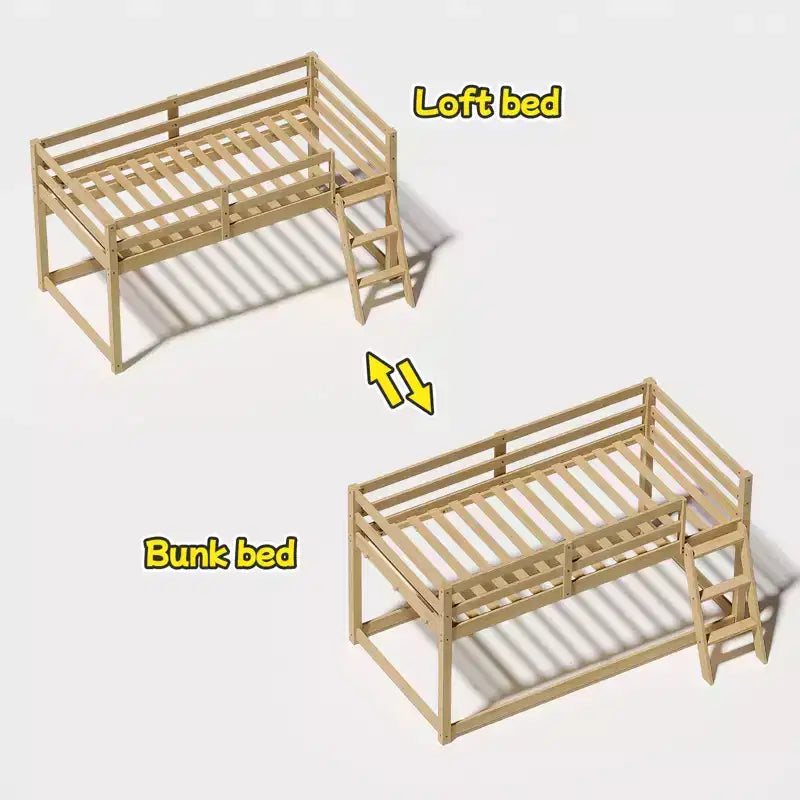 Lit surélevé jumeau bas pour enfants 76 (convertible en lit superposé), cadre en bois de pin massif avec éclairage LED et 6 crochets, chêne