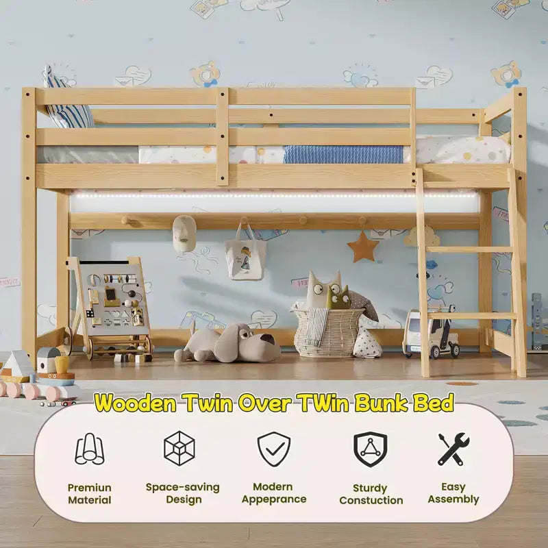 Lit surélevé jumeau bas pour enfants 76 (convertible en lit superposé), cadre en bois de pin massif avec éclairage LED et 6 crochets, chêne