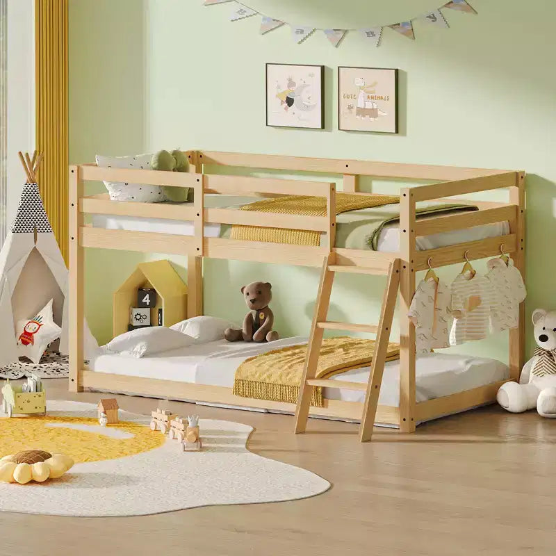 Lit surélevé jumeau bas pour enfants 76 (convertible en lit superposé), cadre en bois de pin massif avec éclairage LED et 6 crochets, chêne