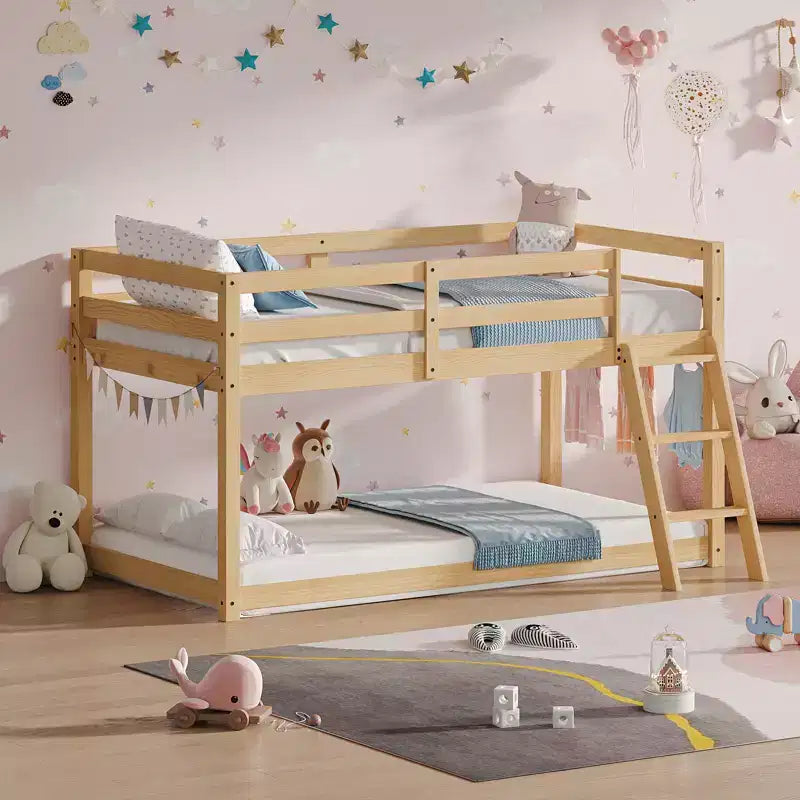 Lit surélevé jumeau bas pour enfants 76 (convertible en lit superposé), cadre en bois de pin massif avec éclairage LED et 6 crochets, chêne
