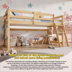 Lit surélevé jumeau bas pour enfants 76 (convertible en lit superposé), cadre en bois de pin massif avec éclairage LED et 6 crochets, chêne