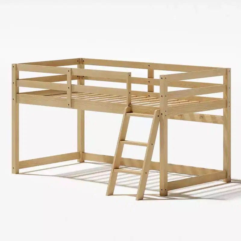 Lit surélevé jumeau bas pour enfants 76 (convertible en lit superposé), cadre en bois de pin massif avec éclairage LED et 6 crochets, chêne