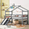 Double Low Loft Bed, Wooden Children's Loft Bed, Slide, Stairs, Safety Guardrails, House Roof Frame, Lower Storage Space