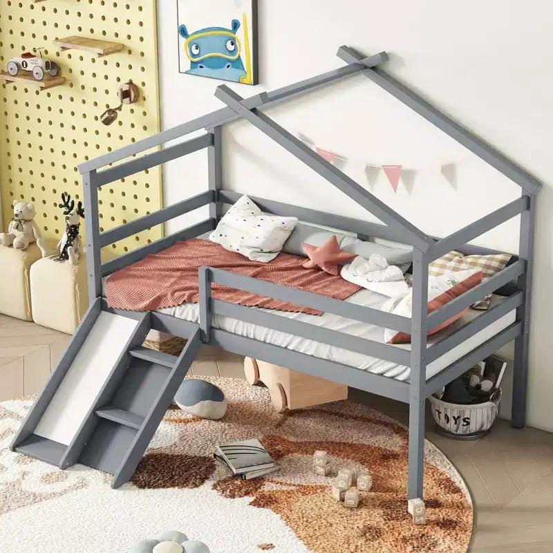 Lit superposé double mezzanine, Lit mezzanine en bois pour enfants, Toboggan, Escalier, Barrières de sécurité, Cadre de toit de maison, Espace de rangement inférieur