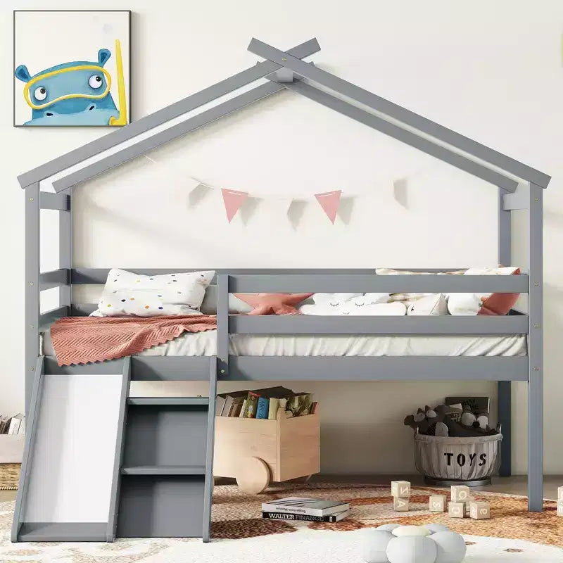 Lit superposé double mezzanine, Lit mezzanine en bois pour enfants, Toboggan, Escalier, Barrières de sécurité, Cadre de toit de maison, Espace de rangement inférieur