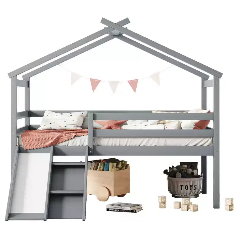 Lit superposé double mezzanine, Lit mezzanine en bois pour enfants, Toboggan, Escalier, Barrières de sécurité, Cadre de toit de maison, Espace de rangement inférieur