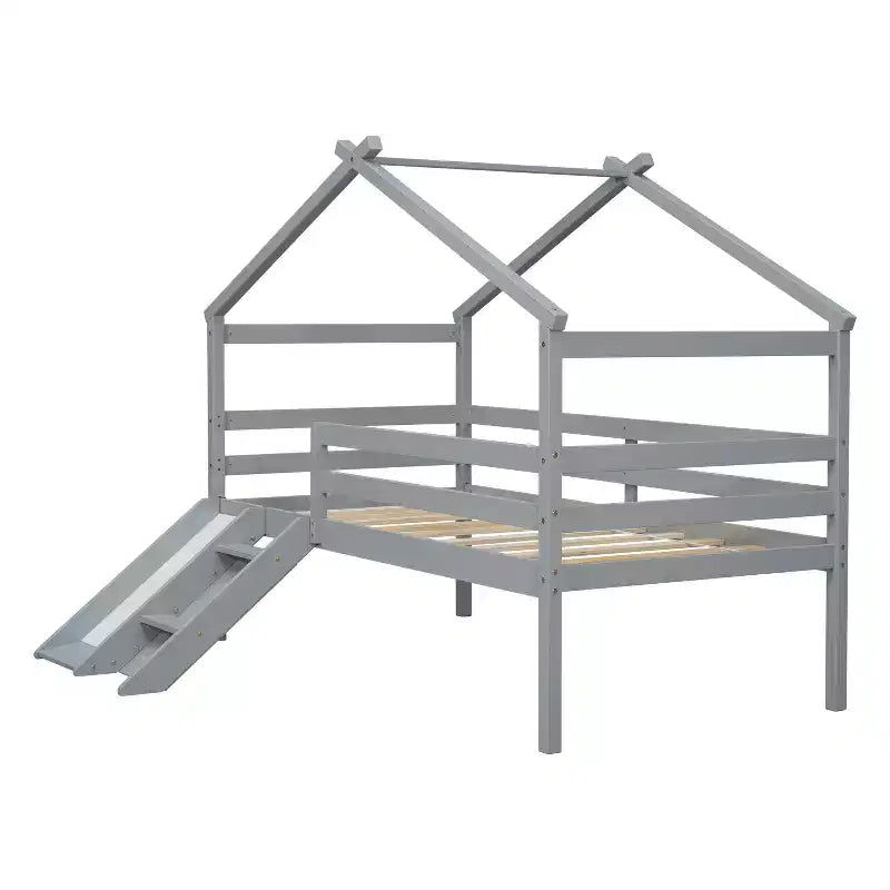 Lit superposé double mezzanine, Lit mezzanine en bois pour enfants, Toboggan, Escalier, Barrières de sécurité, Cadre de toit de maison, Espace de rangement inférieur