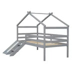 Lit superposé double mezzanine, Lit mezzanine en bois pour enfants, Toboggan, Escalier, Barrières de sécurité, Cadre de toit de maison, Espace de rangement inférieur