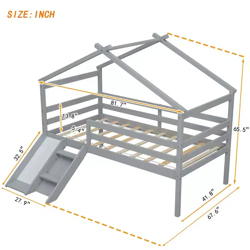 Lit superposé double mezzanine, Lit mezzanine en bois pour enfants, Toboggan, Escalier, Barrières de sécurité, Cadre de toit de maison, Espace de rangement inférieur