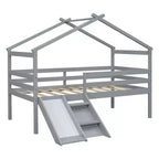 Lit superposé double mezzanine, Lit mezzanine en bois pour enfants, Toboggan, Escalier, Barrières de sécurité, Cadre de toit de maison, Espace de rangement inférieur