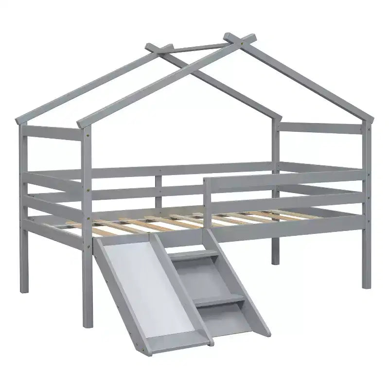 Lit superposé double mezzanine, Lit mezzanine en bois pour enfants, Toboggan, Escalier, Barrières de sécurité, Cadre de toit de maison, Espace de rangement inférieur