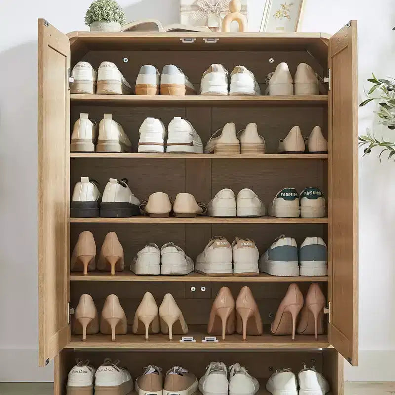 Meuble de rangement pour chaussures en rotin à 6 niveaux avec étagères réglables, range-chaussures en bois, organisateur de chaussures multi-scènes pour espaces de vie domestiques