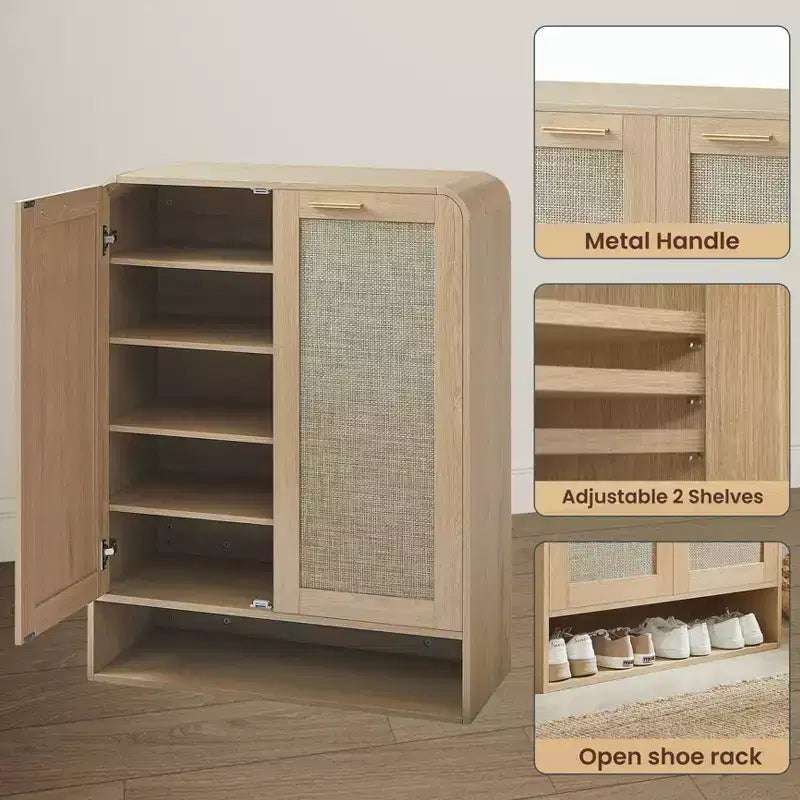 Meuble de rangement pour chaussures en rotin à 6 niveaux avec étagères réglables, range-chaussures en bois, organisateur de chaussures multi-scènes pour espaces de vie domestiques