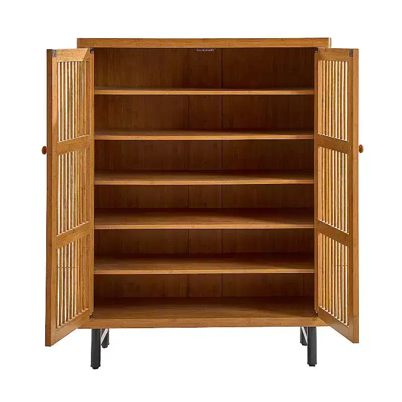 Meuble à chaussures en bois à 6 niveaux avec portes persiennes, étagère à chaussures réglable, organisateur de chaussures multi-scènes pour entrée, couloir, placard, salon.