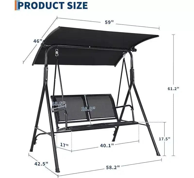 Balançoire de porche extérieure 2 places avec auvent réglable, banc-planeur avec pieds antidérapants et crochets à ressort solides/résistant aux UV/capacité imperméable