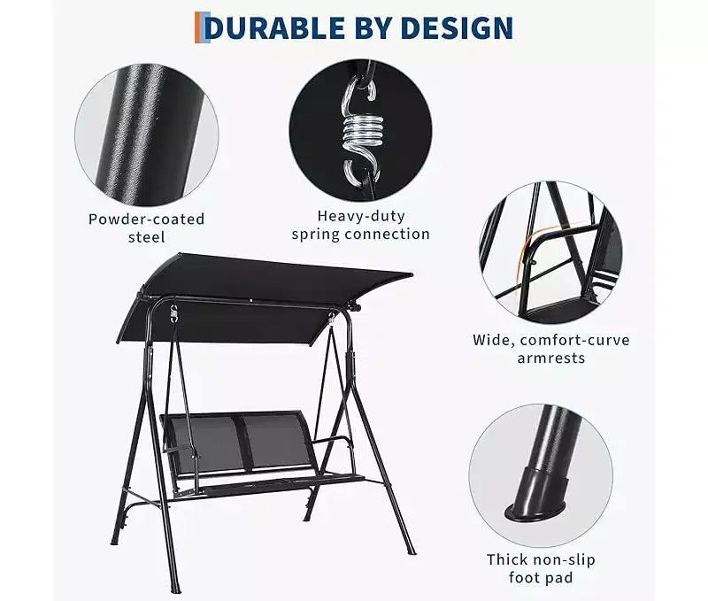 Balançoire de porche extérieure 2 places avec auvent réglable, banc-planeur avec pieds antidérapants et crochets à ressort solides/résistant aux UV/capacité imperméable